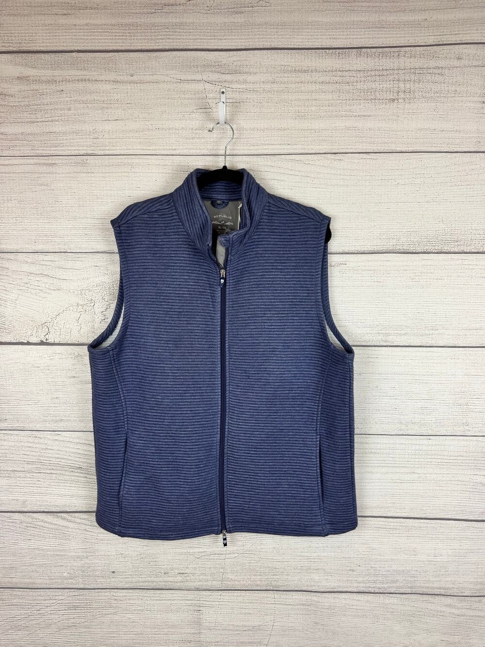 For The Republic Men's Blue Knit Ribbed Zip Up Sleeveless Vest Size XL